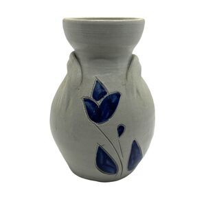 Williamsburg Pottery Jug Vase Vintage 1980s Stamped Blue Flower 2 Handle 6.5"